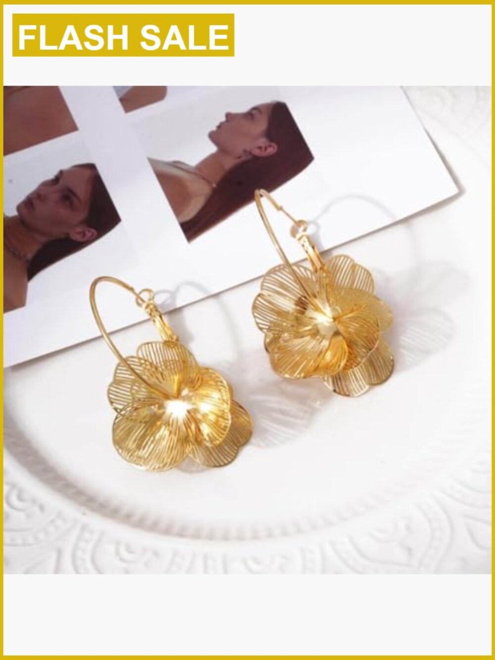 Dangle Flower Hoop Earrings, Trendy 3D Gold Drop Earrings for Women - Picture 6 of 7